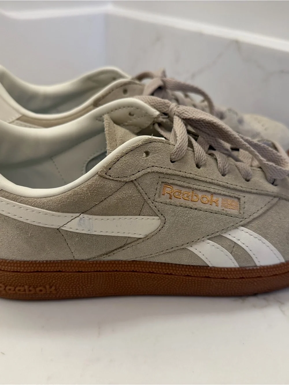 Reebok women’s Suede Sneaker - Taupe, White & Gum